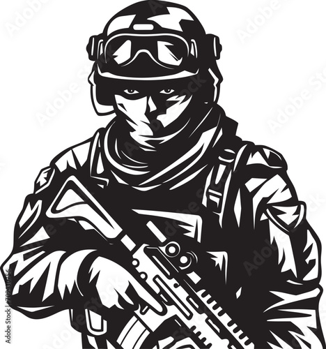 Steely Resolve Black Combat Soldier Logo Design Covert Strike Force Tactical Soldier Glyph in Black