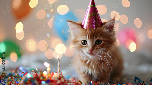 birthday card red kitten in a cap with a cake on a background of balloons and bokeh