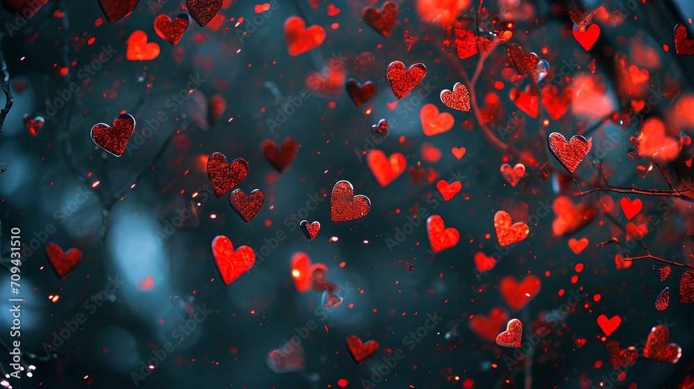 red Valentine's Day hearts floating in the air, in the style of glitter, spectacular backdrops. holiday celebration on 14th february. generative AI red Valentine's Day hearts floating in the air, in the style of glitter, spectacular backdrops. holiday celebration on 14th february. generative AI