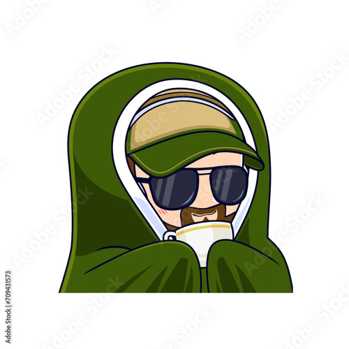 Beard guy wearing blanket and cup of coffee cartoon vector illustration