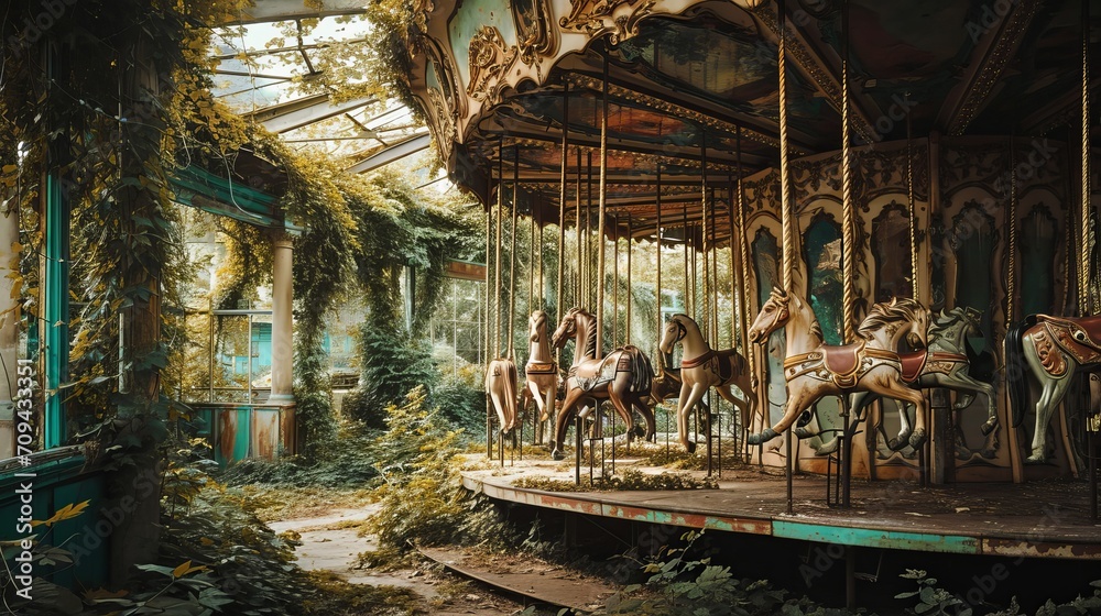 Decayed Carousel with Painted Horses Amidst Wild Nature in Deserted Amusement Park