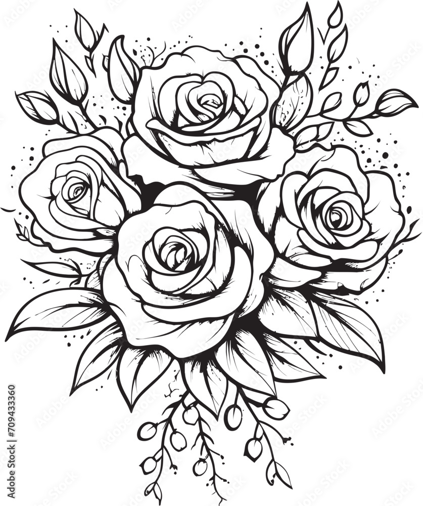 Whimsical Bloom Vector Icon Showcasing Line Art Rose in Black Fine Etchings Monochrome Rose Vector Logo with Black Lines
