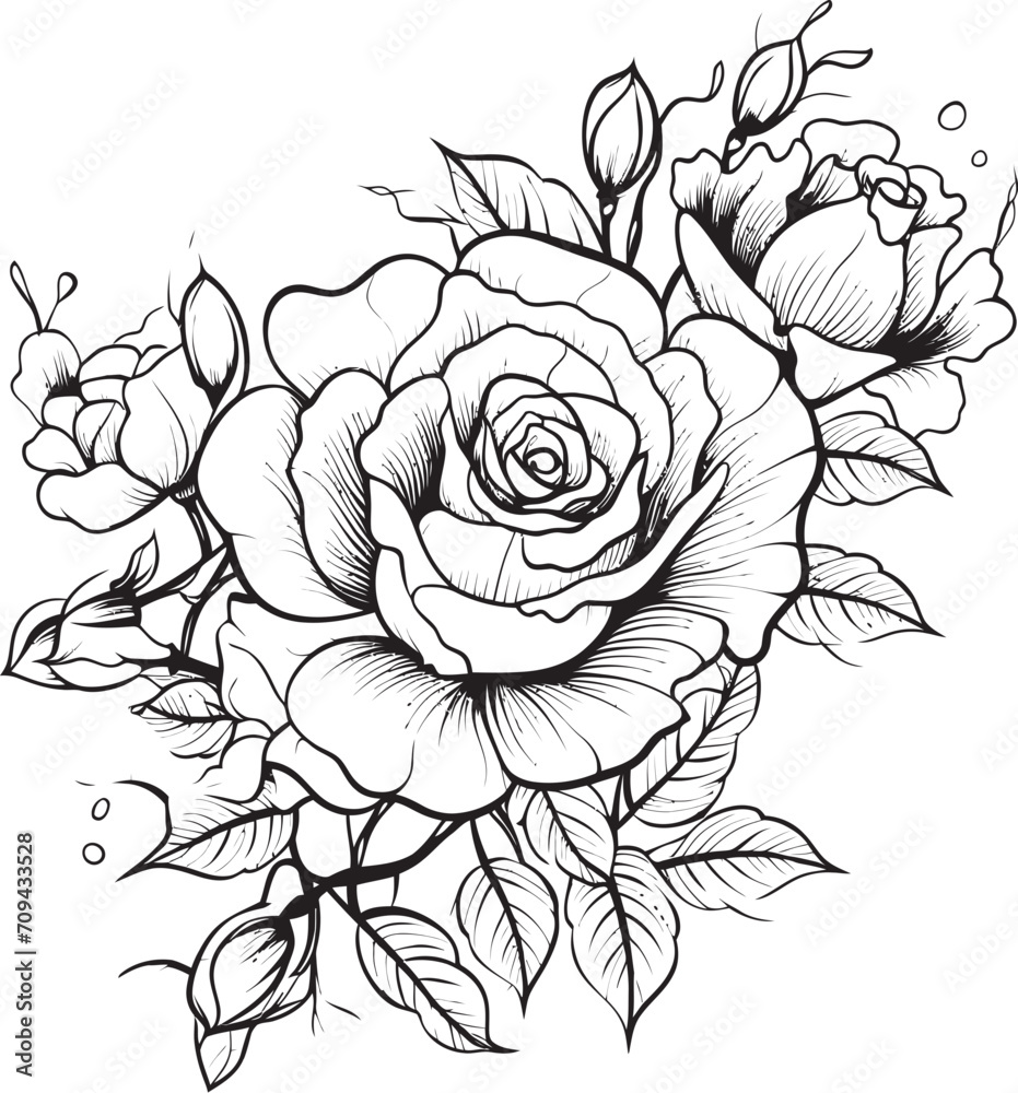 Nocturnal Nectar Black Logo for an Intricate Lineart Rose Design Linear Grace Vector Glyph Featuring a Black Lineart Rose Emblem