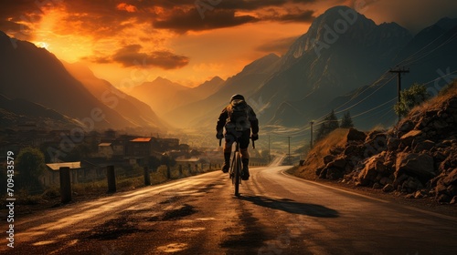 man bicyclist on road with mountains in distance.