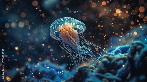 Glowing Marine Jellyfish Swimming Amidst Light Particles in Dark Ocean Depths photo