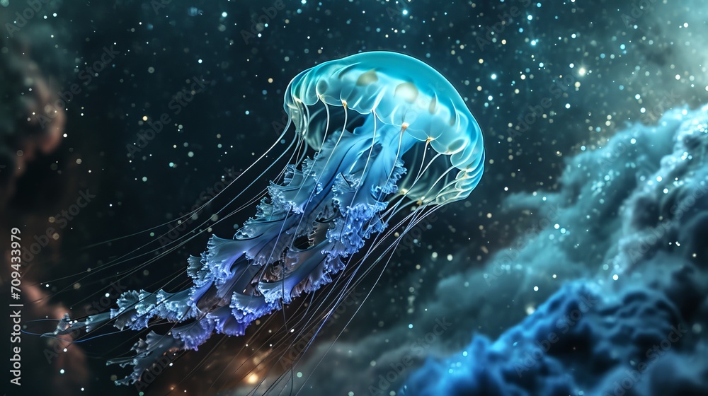 Fototapeta premium Bioluminescent Jellyfish in Deep Sea Surrounded by Floating Light Particles