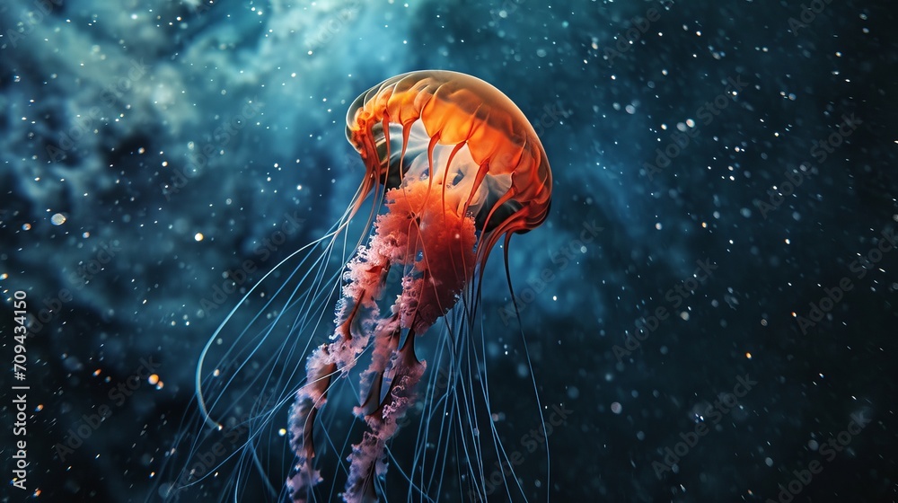 Fototapeta premium Jellyfish Swimming in Deep Blue Ocean with Illuminated Particles