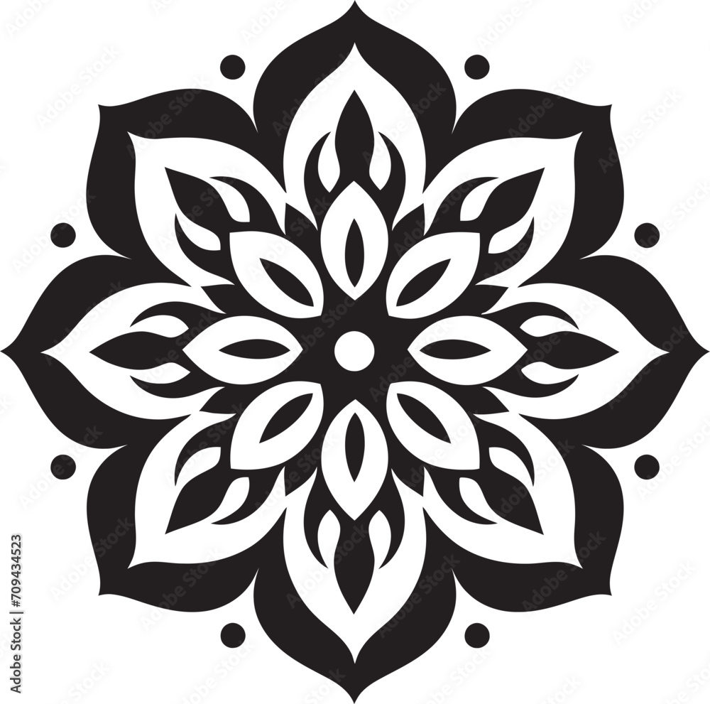 Infinite Harmony Monochromatic Mandala Emblem Featuring Vector Pattern Zen Blossom Elegant Black Logo with Mandala Icon in Vector