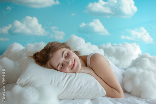 Dreamy Slumber: Beautiful Woman with a Radiant Smile Sleeping on a Bed of Clouds Amidst Soft White Blankets and Pillows Against a Blue, Bright Sky