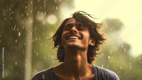Photorealistic Teen Indian Man with Brown Straight Hair Illustration. Happy smiling person dancing in the rain. Summer day Ai Generated Horizontal Illustration.