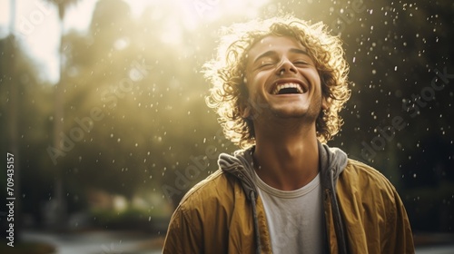 Photorealistic Teen Latino Man with Blond Curly Hair Illustration. Happy smiling person dancing in the rain. Summer day Ai Generated Horizontal Illustration.