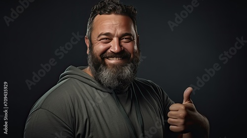 A smiling overweight man shows a like.