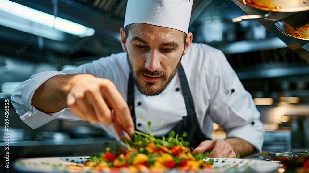 A professional chef prepares various dishes in the kitchen of an expensive restaurant A professional chef prepares various dishes in the kitchen of an expensive restaurant