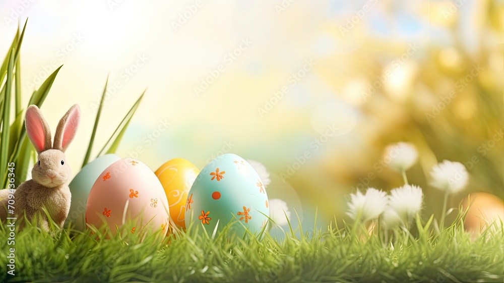 Abstract Defocused Easter Scene - Bunny Ears Behind Grass And Decorated Eggs, copy space - generative ai