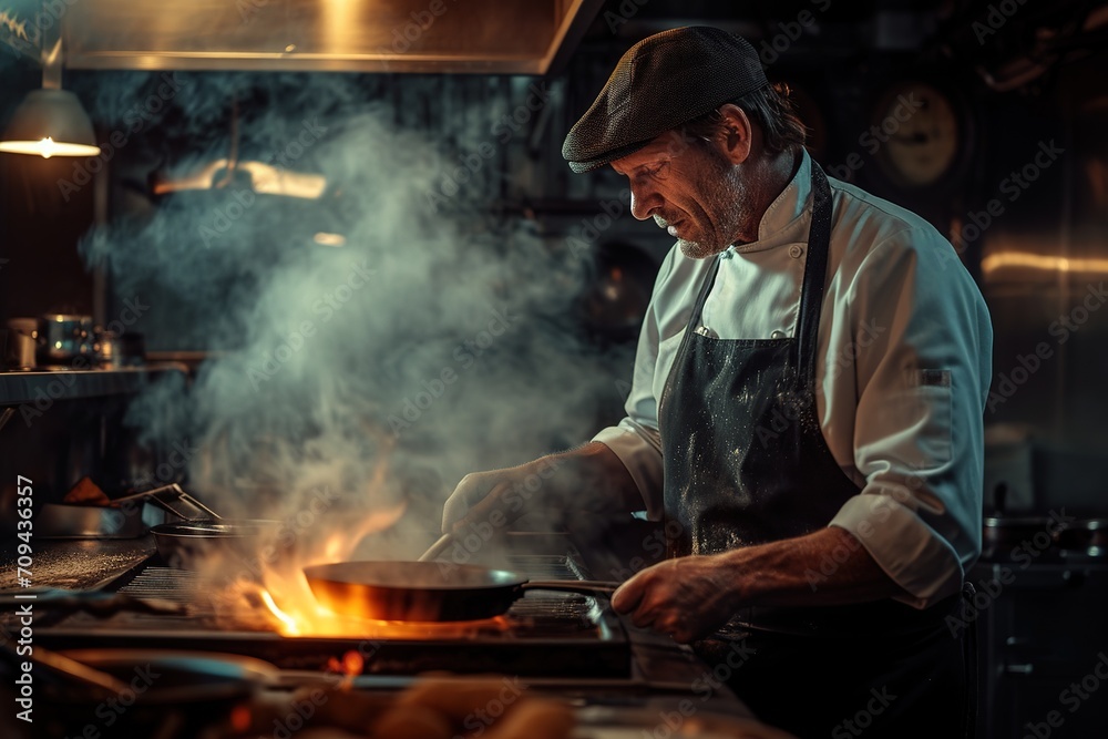 A professional chef prepares various dishes in the kitchen of an expensive restaurant A professional chef prepares various dishes in the kitchen of an expensive restaurant