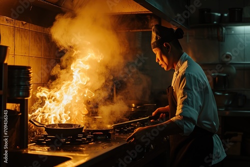 A professional Asian chef prepares various Chinese dishes in the kitchen of an expensive restaurant