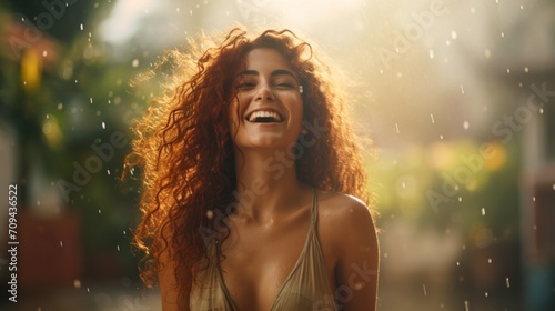 Photorealistic Teen Persian Woman with Red Curly Hair Illustration. Happy smiling person dancing in the rain. Summer day Ai Generated Horizontal Illustration.