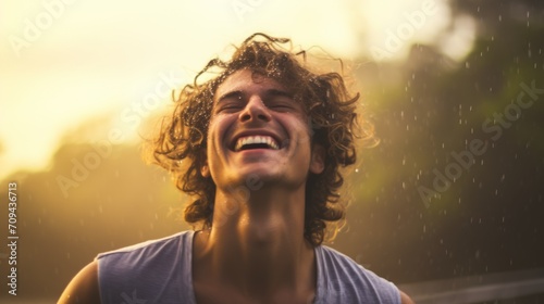 Photorealistic Teen White Man with Brown Curly Hair Illustration. Happy smiling person dancing in the rain. Summer day Ai Generated Horizontal Illustration.