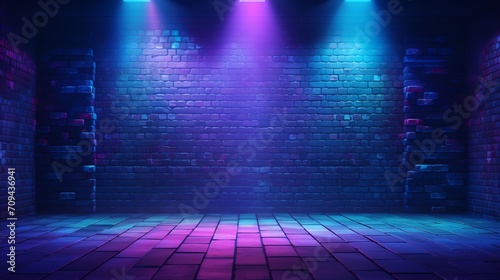 Urban vibes: studio space with brick wall texture, blue & purple background, neon lights, laser beams, and intriguing shadows for creative projects