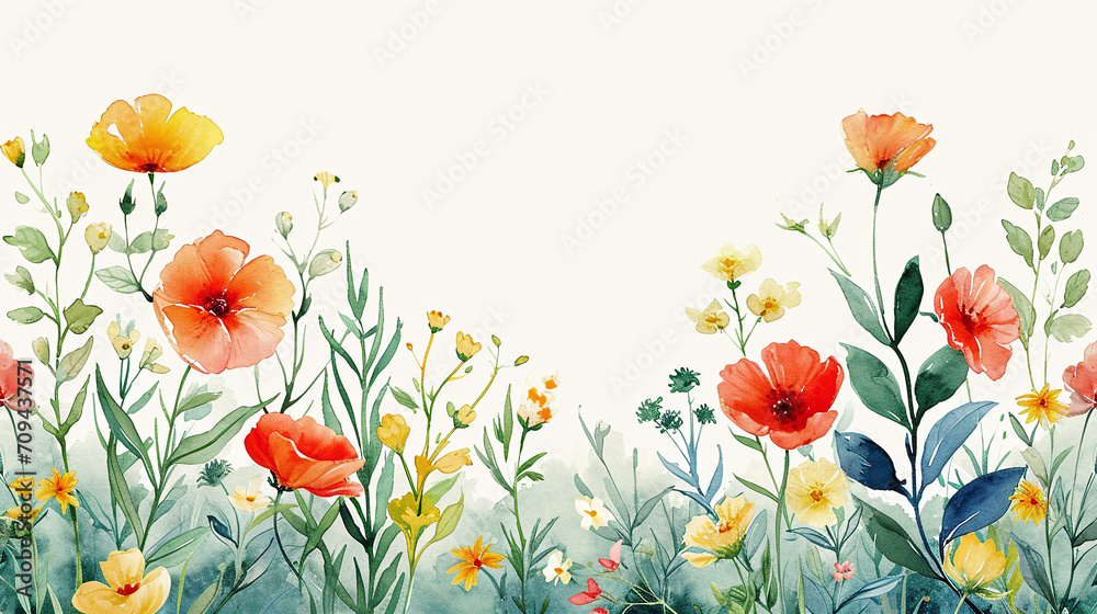 Fototapeta premium Watercolor floral background with vibrant poppies and wildflowers, perfect for spring designs, invitations, and wallpapers. AI Generative