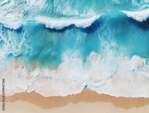 Aerial view of beautiful sandy beach with turquoise ocean waves