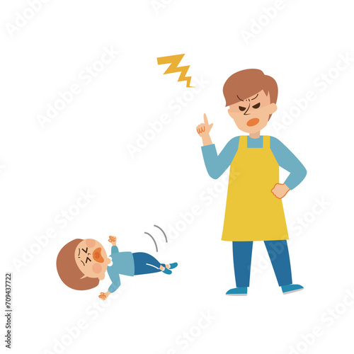 癇癪をおこす子供と怒る父親　かわいいイラスト素材