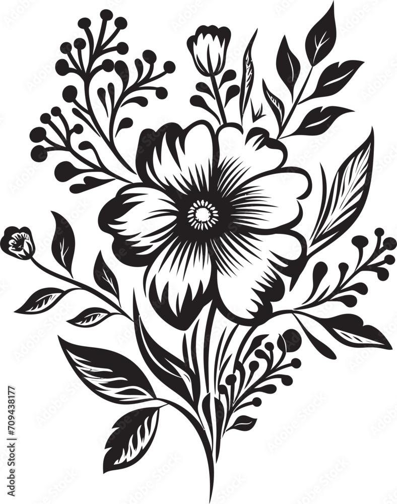 Fototapeta premium Petals in Noir Elegant Black Icon Showcasing Vector Floral Design Garden Enigma Monochrome Emblem with Black Botanical Florals