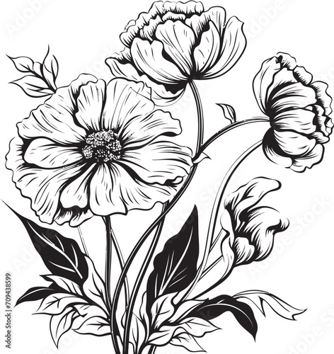Floral Tapestry Monochromatic Emblem Featuring Botanical Elements Petals in Noir Elegant Black Icon Showcasing Vector Logo Design