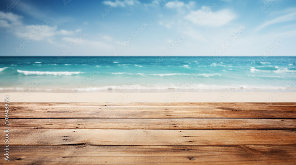 empty wooden planks with blur beach and sea on background