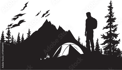 Trailblazing Adventures Chic Camping Icon in Monochromatic Black Serenity in the Woods Elegant Emblem with Vector Camping Logo