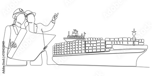 continuous line drawing of architect designing cargo ship