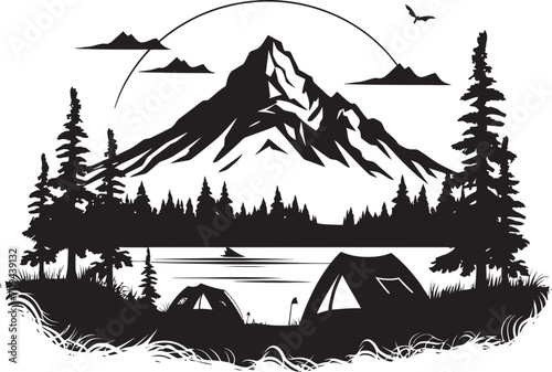 Moonlit Adventure Monochrome Emblem for Camping Enthusiasts Camping Under the Stars Black Vector Logo Design Icon