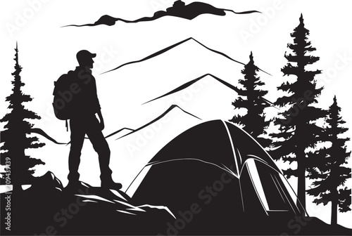Mountain Majesty Sleek Emblem for Monochrome Camping Enthusiasts Starlit Campsite Black Vector Logo Design Icon for Wilderness Retreats