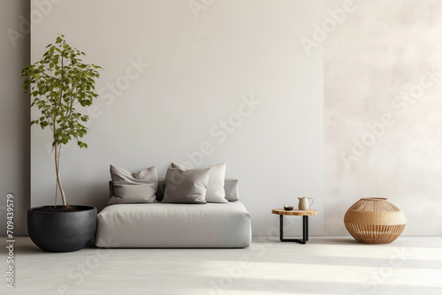 Sala de estar com um sofá cinza com puf e vaso de planta ao canto, fundo cinza claro - decoração minimalista abstrata photo