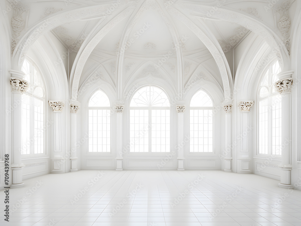 Luxury Interior of a royal palace with arches and columns, 3d render, classic and minimal style, big space with no people