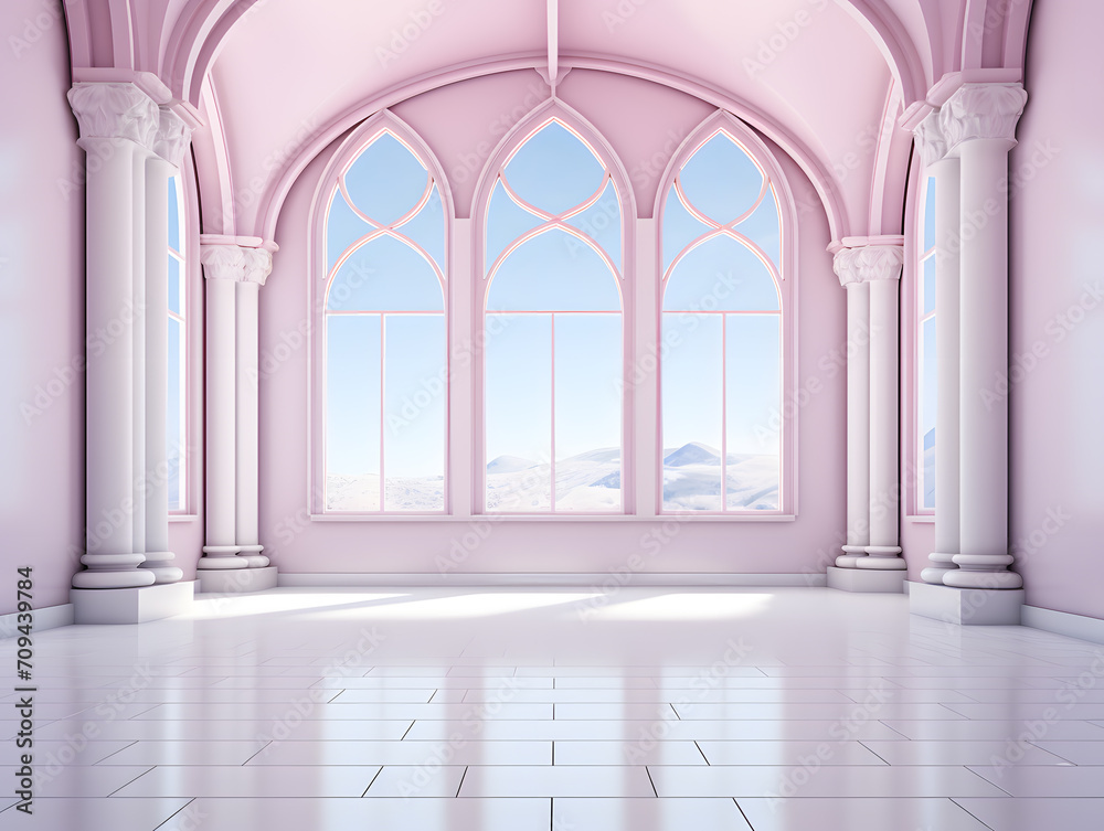 Fototapeta premium Luxury Interior of a royal palace with arches and columns, 3d render, classic and minimal style, big space with no people