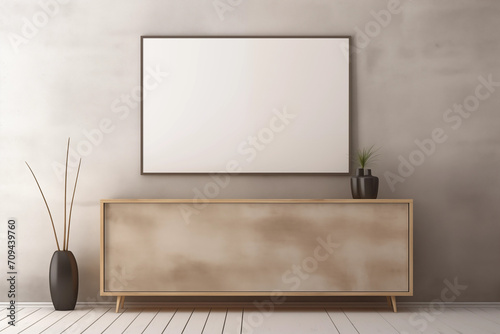 Mesa de canto de madeira bege com uma moldura de quadro grande em branco no estilo paisagem - Ambiente limpo e decorado 