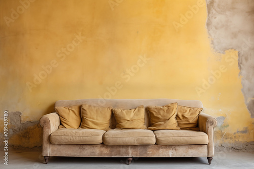 sofá bege isolado em uma sala com as paredes amareladas e envelhecidas 