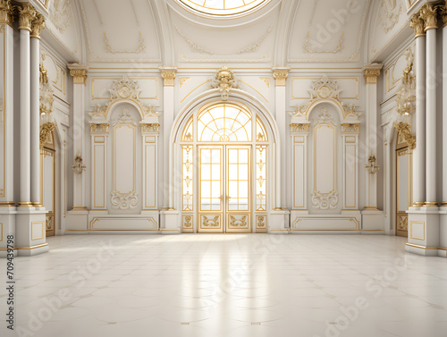 Luxury Interior of a royal palace with arches and columns, 3d render, classic and minimal style, big space with no people © wing