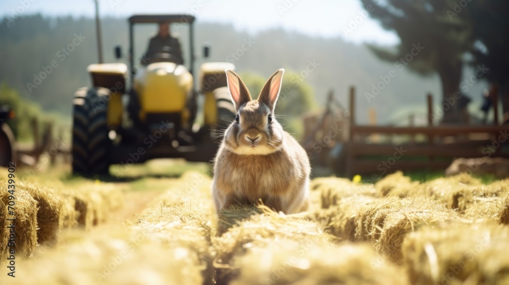 A tractor carrying a large load of freshly harvested hay rolls by the rows of cages housing the furry inhabitants of a thriving rabbit farm. - obrazy, fototapety, plakaty 