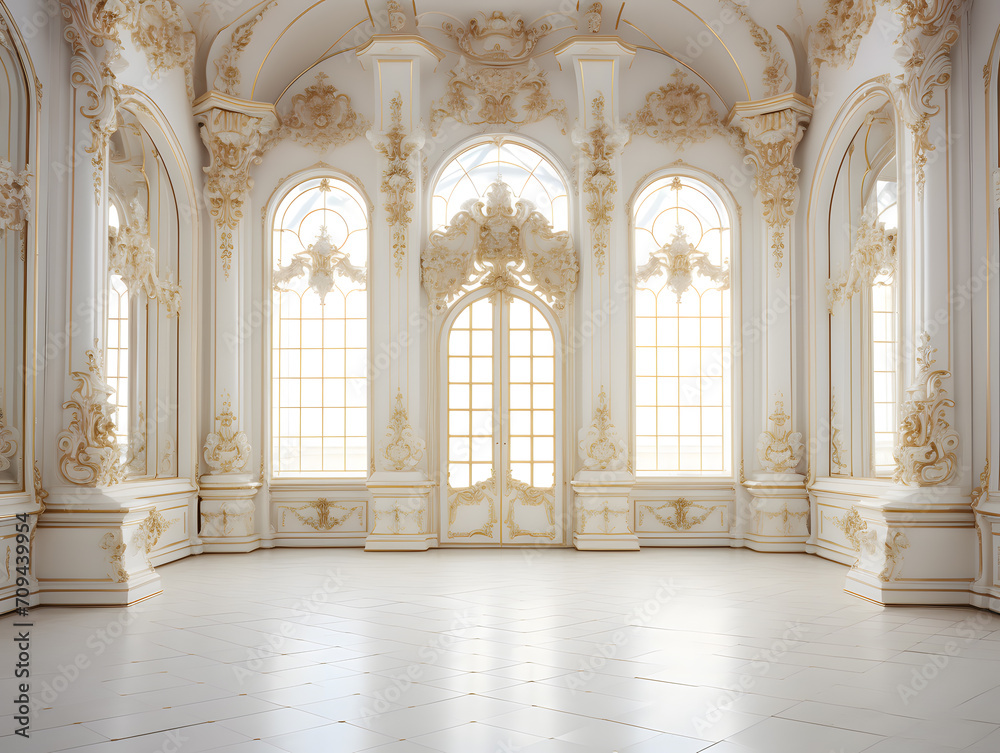 Luxury Interior of a royal palace with arches and columns, 3d render, classic and minimal style, big space with no people