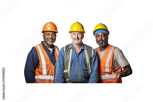 A group of construction workers stand and smile looking at the camera. transparent background