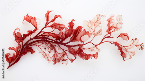 beautiful pressed beautiful red rhodophyta seaweed on white background