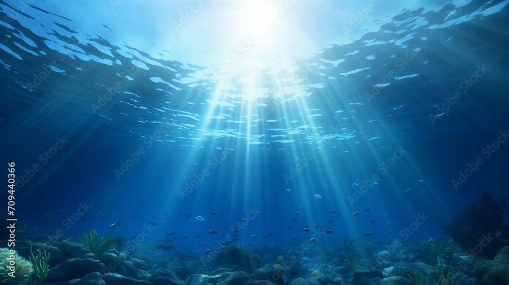 blue decorative background with realistic underwater scene with light rays