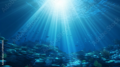 realistic underwater scene with light rays blue decorative background © Aura