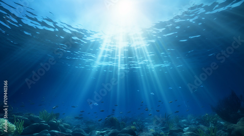 blue decorative background with realistic underwater scene with light rays © Aura