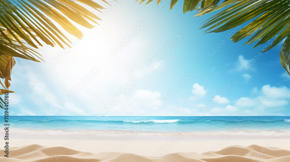 beautiful summer background with frame nature of tropical golden beach with rays of sun light