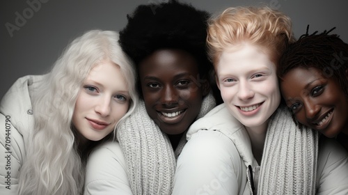 portrait of happy albinos people on gray background .