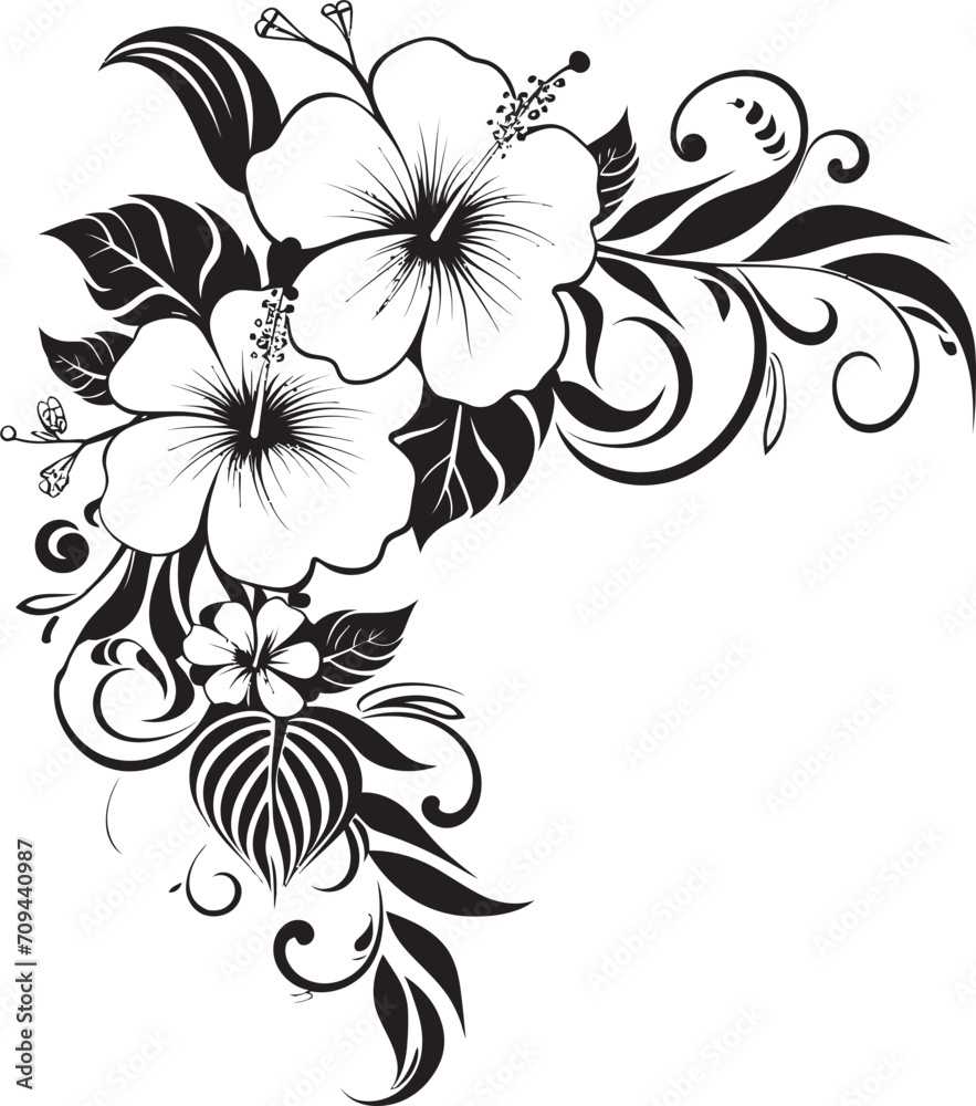Petals of Prestige Elegant Black Icon with Decorative Floral Corners Whimsical Whorls Monochrome Vector Logo Featuring Decorative Corners