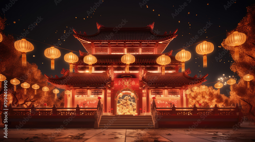 Chinese new year, Traditional Chinese lanterns display in Temple illuminated for Chinese new year festival, at night. Year of dragon, 2024. - obrazy, fototapety, plakaty 